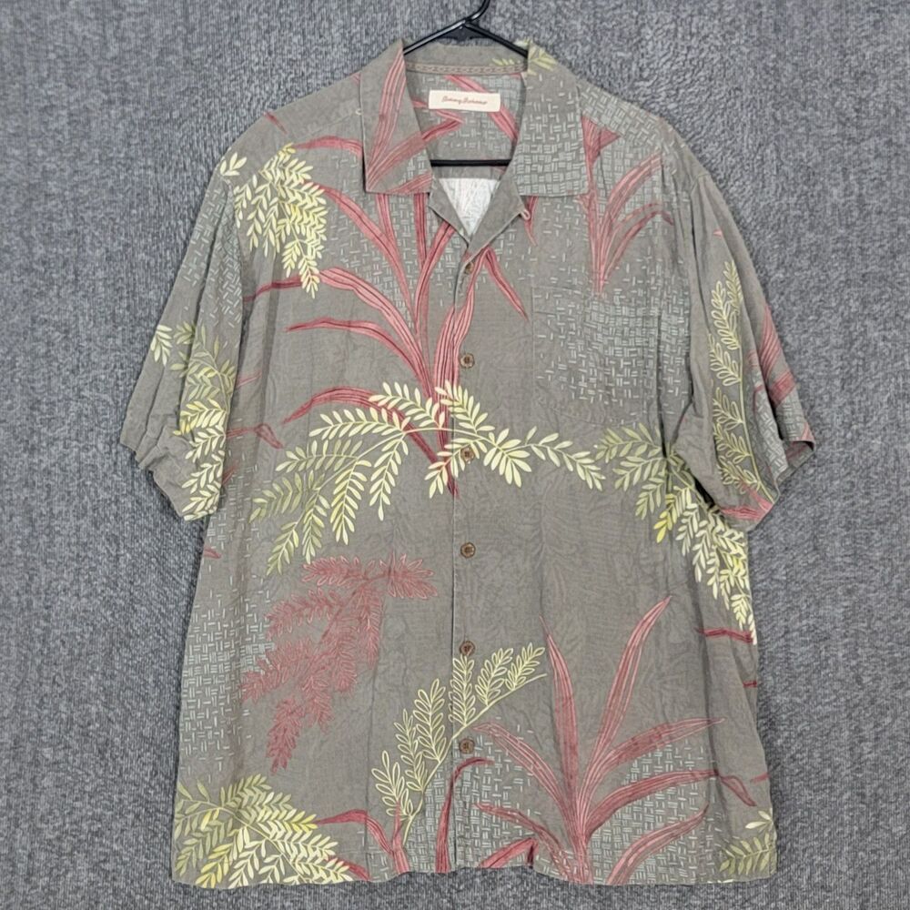 Tommy Bahama Shirt Mens XL Taupe Brown 100% Silk Palm Fronds Hawaiian Button Up